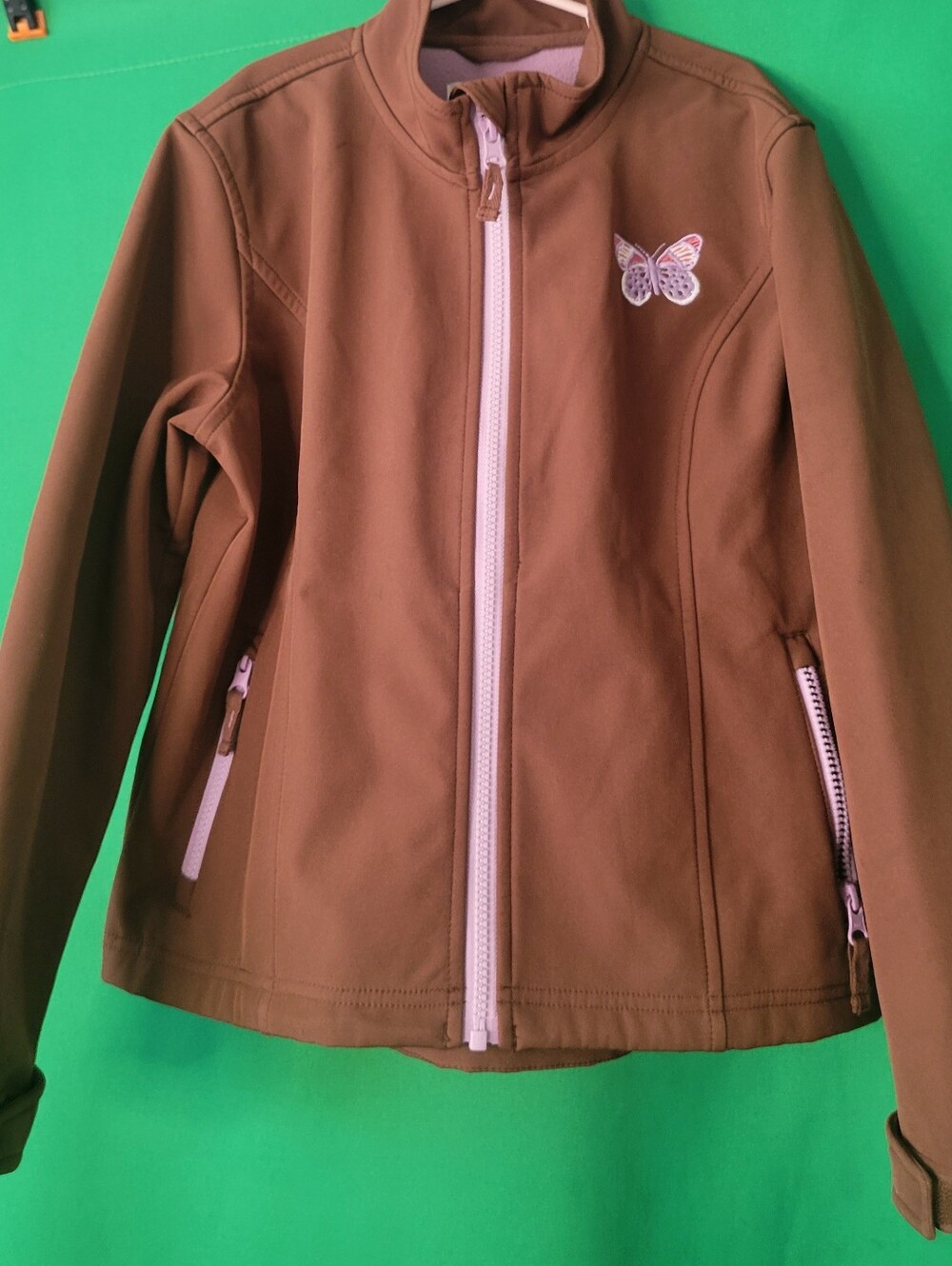 Shyanne Girls Embroidered Butterfly Sz XL Kids Brown Softshell Jacket Pink Trim